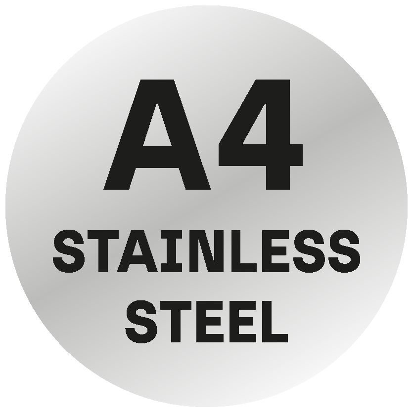 silberner Kreis welcher Stahl ähnelt mit einer schwarzen Aufschrift A4 STAINLESS STEEL