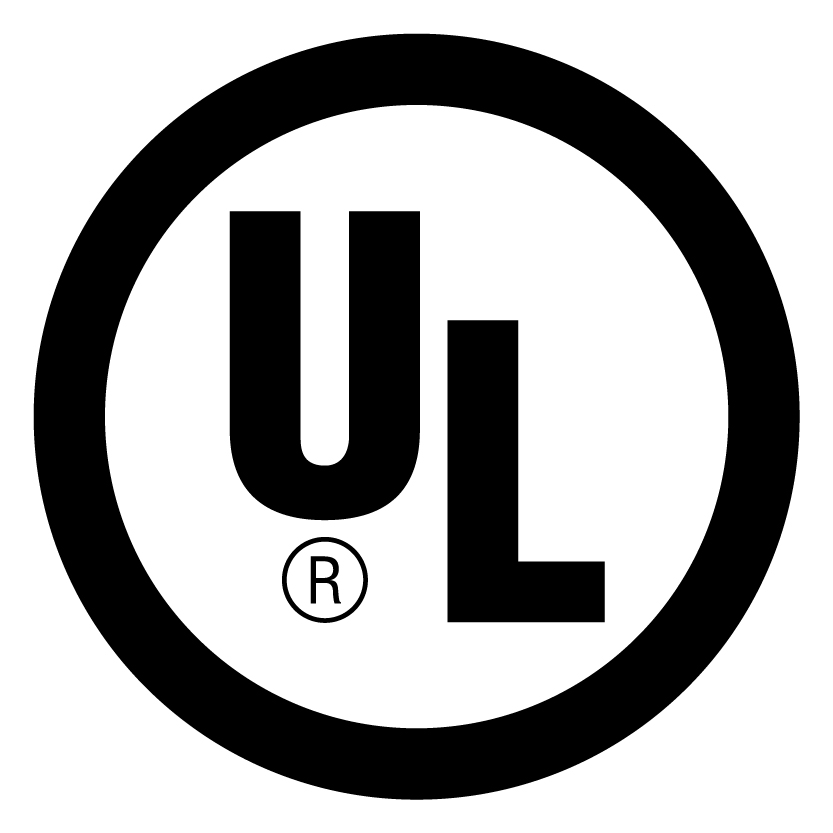 Schwarzer Kreis mit einem schwarezen UL in sich, unter dem U befindet sich noch ein R in einem kleinen Kreis