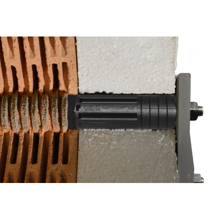 Anwendungsbild Abstandsmontagesystem ResiTHERM: Fassadenschnitt zeigt das Product, Dämmung und Lochstein von der Seite