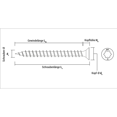 DE - Technische Zeichnung Spanplattenschraube VELOX SIT Vollgewinde 