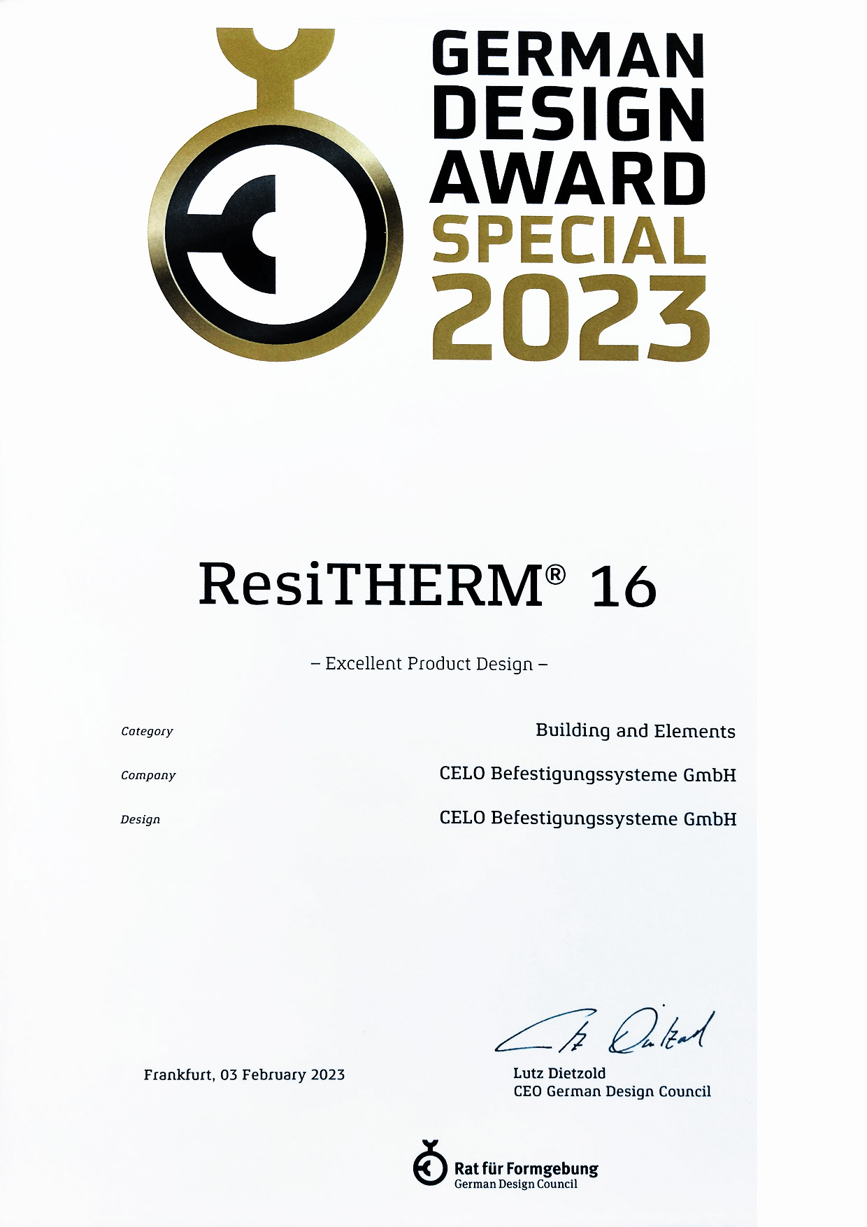 German Design Award Special 2023 Urkunde für RESITHERM 16