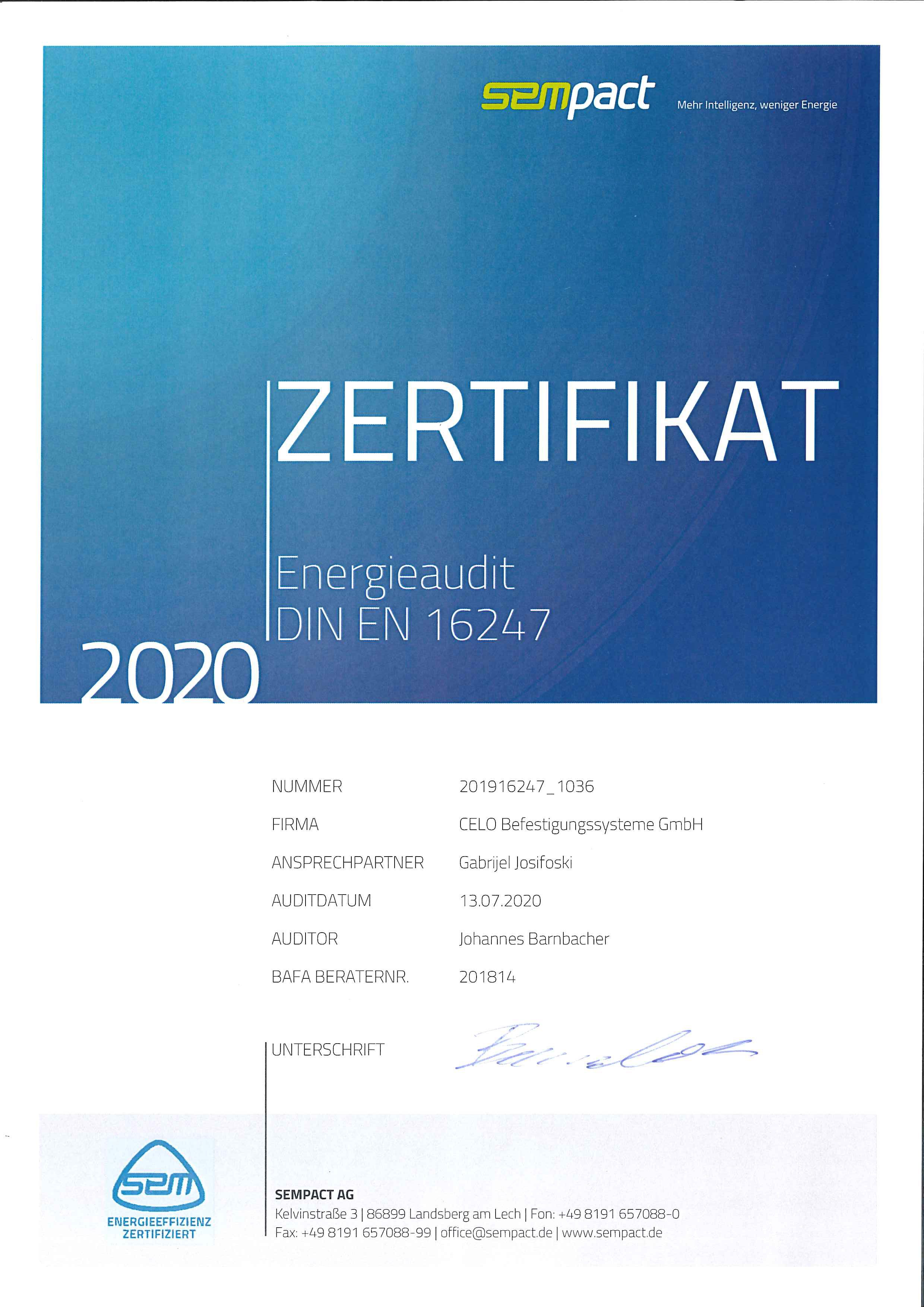 Energieaudit Zertifikat DIN EN 16247 (Deutsch)