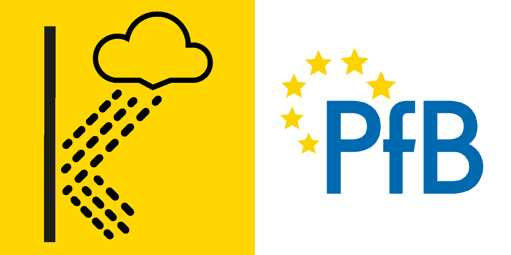 rechteckiges Logo Links gelb mit einem schwarzern Balken auf welchen von aus eine Wolke kommende Regentropfen abprallen, rechts auf weißem Hintergrund der Blaue Schriftzug PfB mit gelben Sternen um den oberen Teil des P.