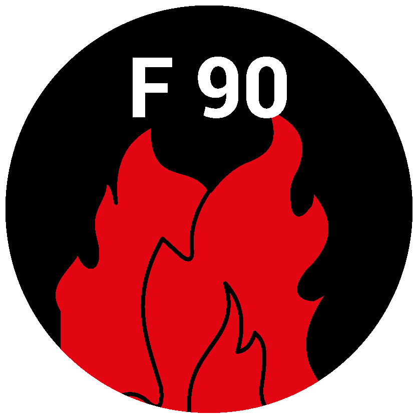 Schwarzer Kreis mit roten Flammen darauf und weißem Text F 90. Die 90 stehen hierbei für 90 Minuten.