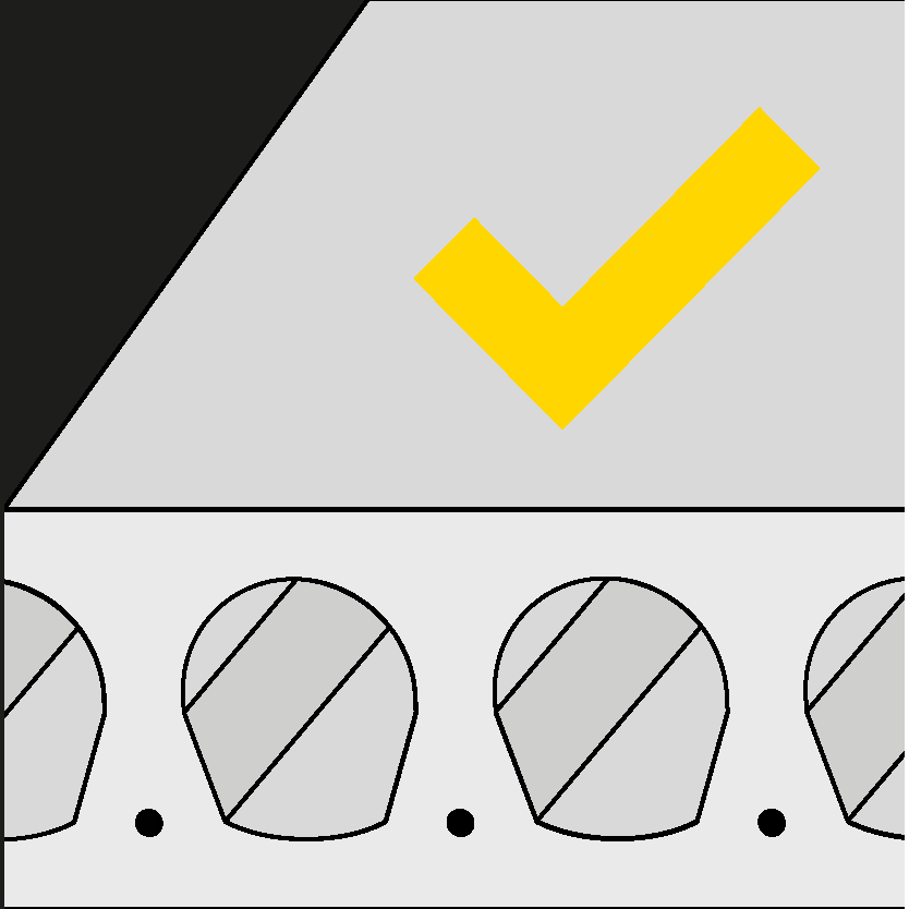 Grafische Nachbildung einer Spannbetonhohlplatte, mit einem gelben Haken darüber, welche symbolisiert, dass da Produkt dafür zugelassen ist.