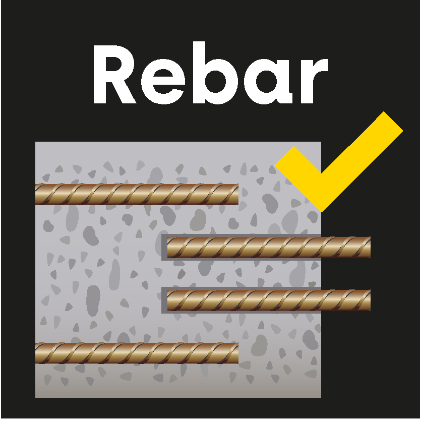 schwarzes Quadrat mit einem Betonblock drauf in welchem Gewindestangen befestigt sind, darüber ist die weiße Aufschrift Rebar und ein gelber Haken.