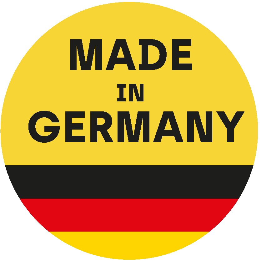 Gelber Kreis, wovon das untere Drittel in den Farben der Deutschland-Flagge ist (schwarz,rot,gelb), darüber steht in schwarzer Aufschrift MADE IN GERMANY