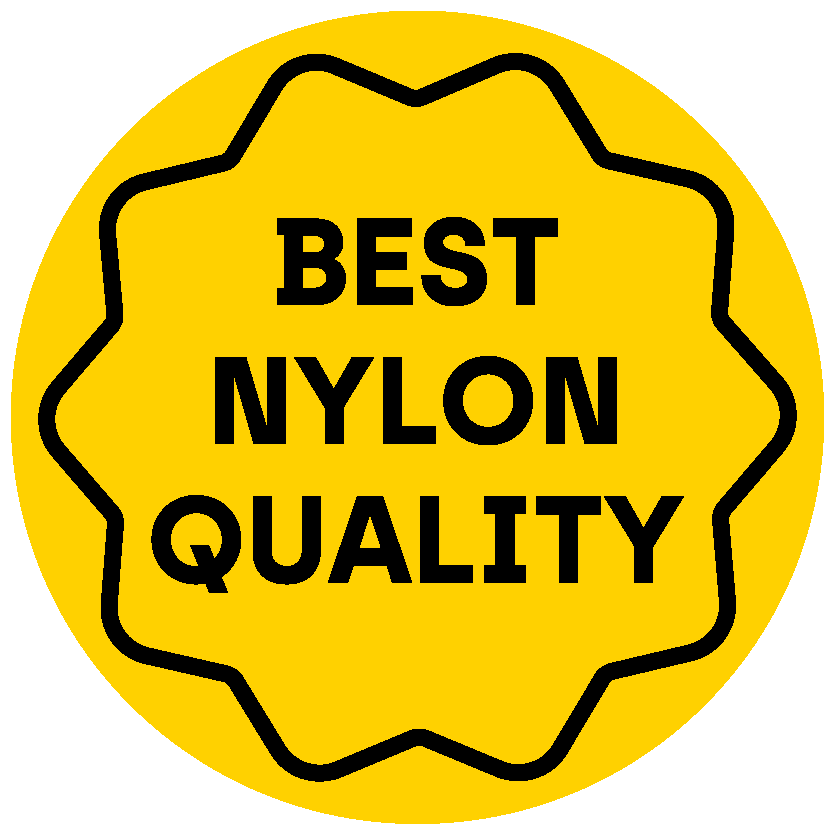 Gelber Kreis mit schwarzem Sternensymbol drinnen in welchem in ebenfalls schwarzer Aufschrift BEST NYLON QUALITY steht.