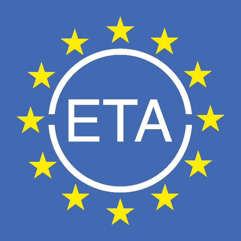 Symbol für ETA-bewertete Produkte, weißer Kreis mit ETA Schriftzug in der Mitte und gelben Sternen außenrum auf einem blauen Hintergrund. Soll die europäisch weit annerkante technische Eignung des Produktes wiederspiegeln.