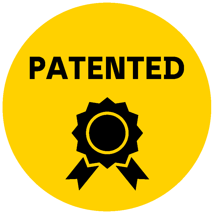 Gelber Kreis mit schwarzer Aufschrift PATENTED und darunter einem schwarzen icon welches wie eine Medaille aussieht.