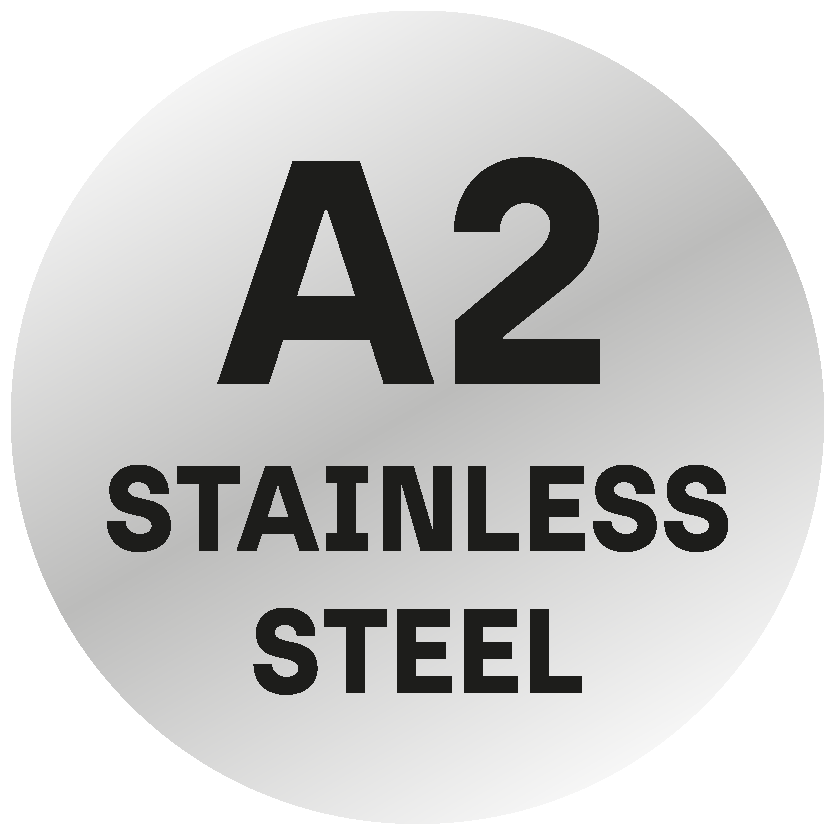 silberner Kreis welcher Stahl ähnelt mit einer schwarzen Aufschrift A2 STAINLESS STEEL