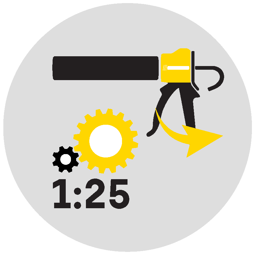 grauer Kreis mit einer grafisch dargestellten Auspresspistole innen und zwei Zahnrädern unter welchem die Aufschrift 1:25 in schwarz zu sehen ist.