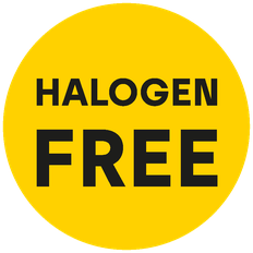 gelber Kreis mit schwarzem Schriftzug HALOGEN FREE