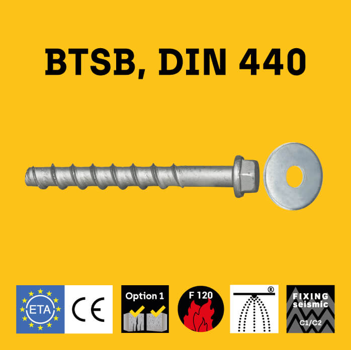 Betonschraube BTSB DIN 440 für die Befestigung von Holzkonstruktionen an gerissenem Beton, Option1