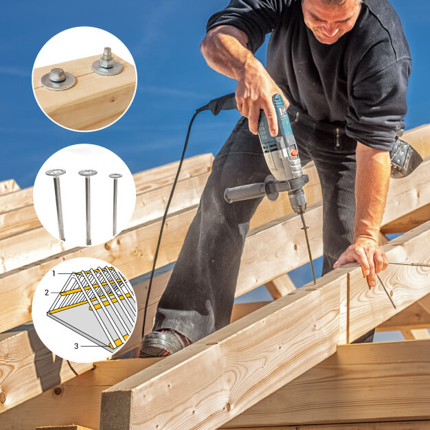 Metallanker und Holzbauschrauben mit großer Scheibe für Pfetten- und Sparrendachkonstruktionen