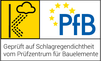 Siegel des PFB Rosenheim, Bauelement geprüft auf Schlagregendichtheit