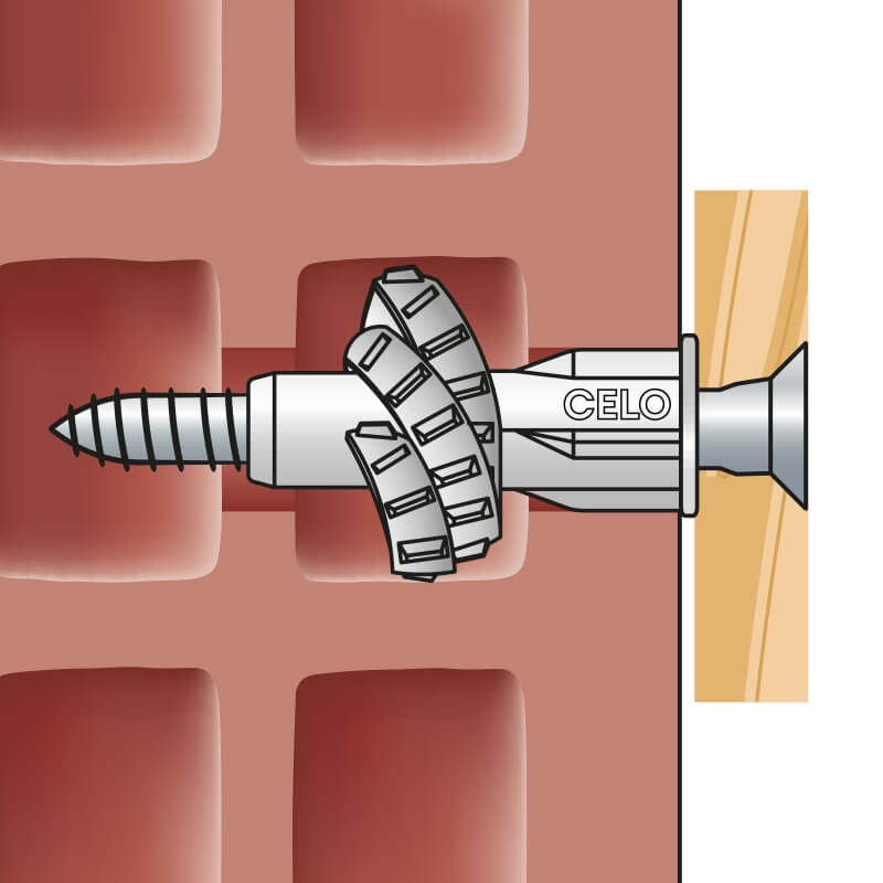 Dübel MZK in Lochziegel mit einem Anbauteil aus Holz.