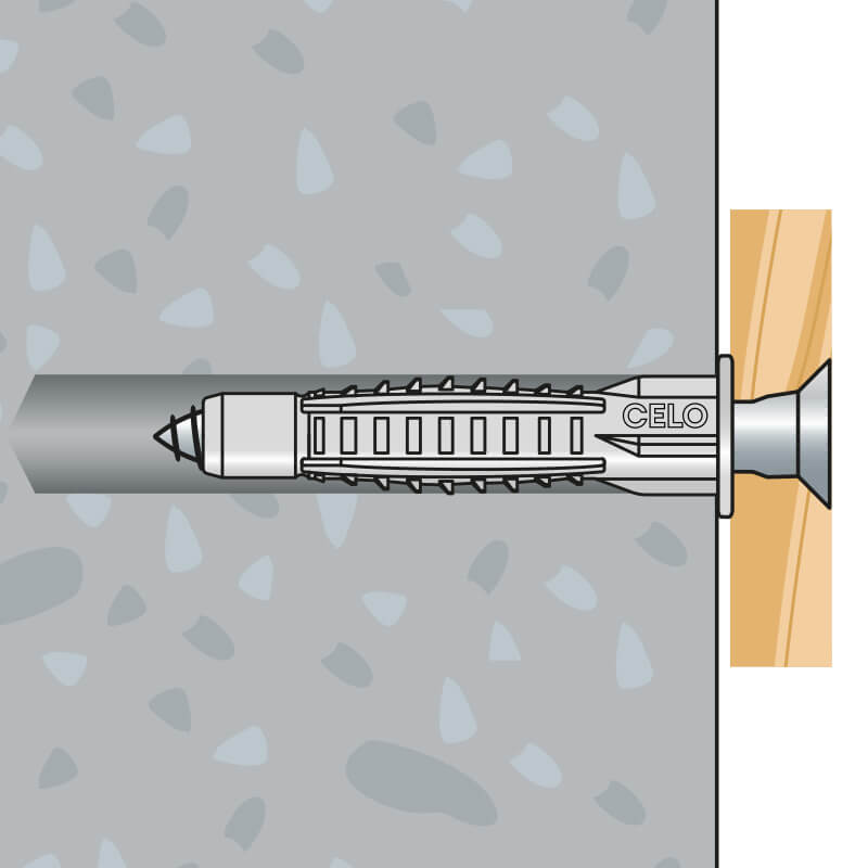 Dübel MZK in Beton mit einem Anbauteil aus Holz.