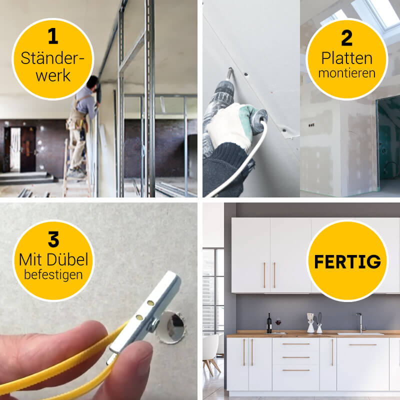 Titelbild mit Bildern zu den vier Schritten der Trockenbaumontage, erstens Ständerwerk, zweitens Befestigung der Platten, drittens Befestigung mit Dübeln und einer Küche als Beispiel für ein abgeschlossenes Projekt Titelbild mit Bildern zu den vier Schritten der Trockenbaumontage, erstens Ständerwerk, zweitens Befestigung der Platten, drittens Befestigung mit Dübeln und einer Küche als Beispiel für ein abgeschlossenes Projekt
