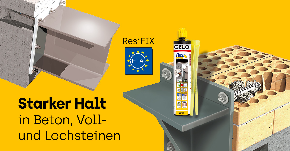 Produkt Marketingbild mit Slogan:"Starker Halt in Beton, Voll- und Lochsteinen"