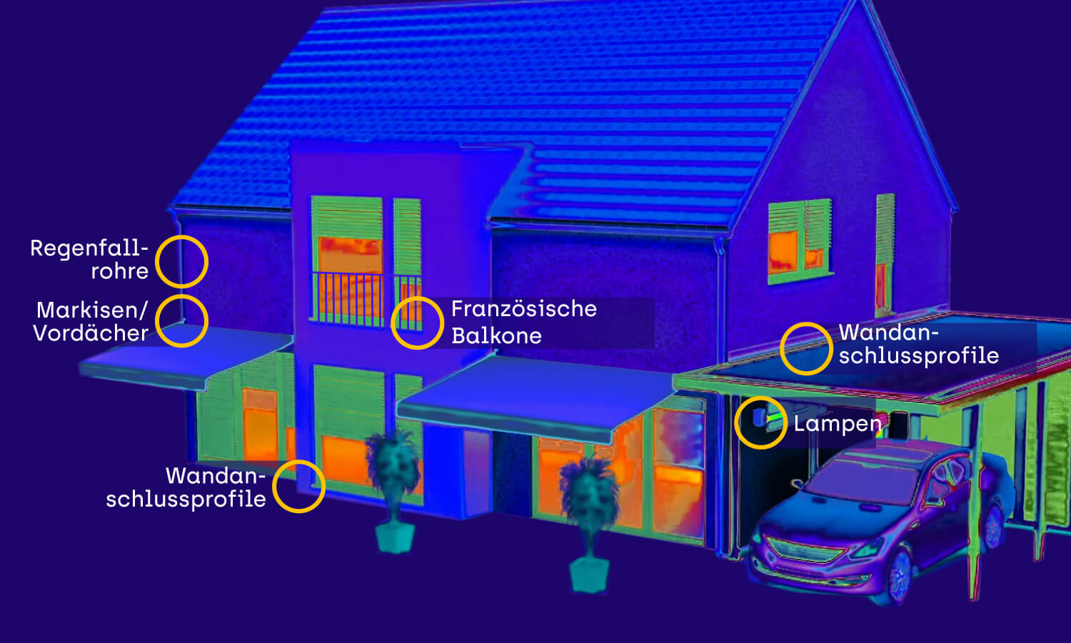 Vielfältige Anwendung über eine Wärmebildkamera auf einen Blick. Mit CELO Produkten instalieren Sie alles von Carports über Regenfallrohre und französiche Balkone ohne Wärmeverluste an Ihrer gedämmten Fassade.