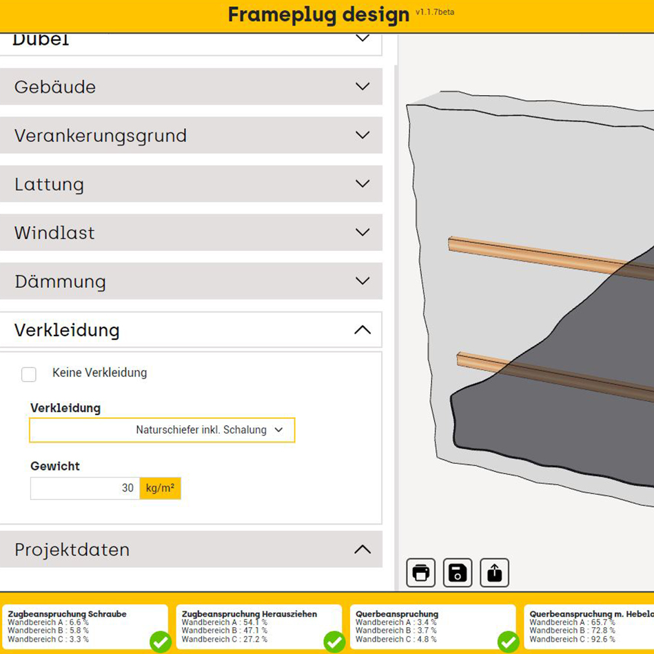 Eingabe individueller Fassadenverkleidung und Gewichtsangaben