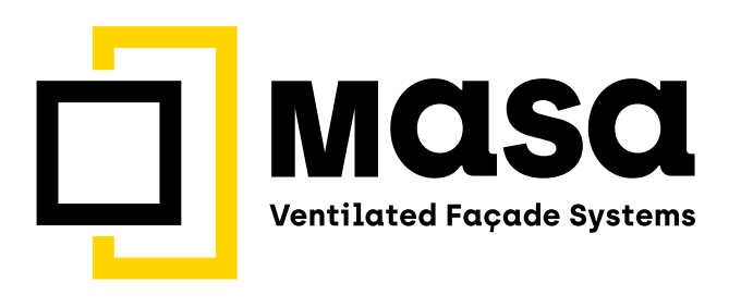 Logo von Sistema Masa mit Schwerpunkt auf hinterlüfteten Fassadensystemen in Schwarz und Gelb