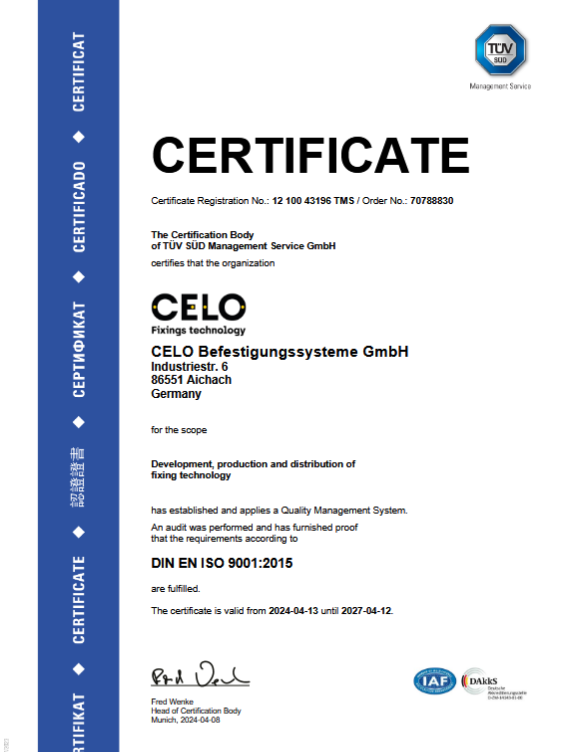 TÜV ISO 9001:2015 Zertifikat - CELO Befestigungssysteme GmbH TÜV ISO 9001:2015 Zertifikat (Englisch)