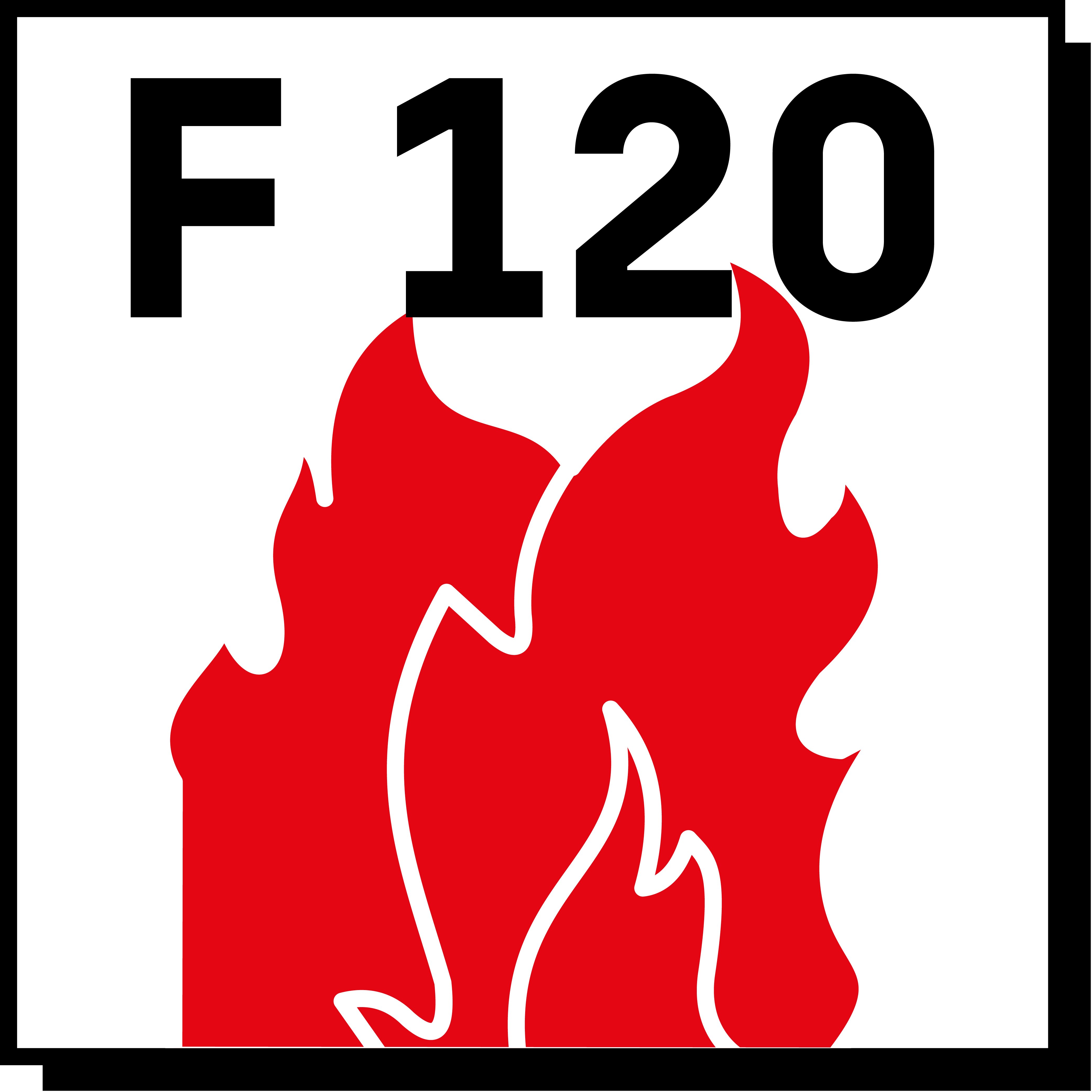 Symbol F120 (Feuresymbol), Die Zahl nach dem F in den Logos steht für die Dauer in Minuten, während der die Befestigung unter Brandbeanspruchung ihre Funktion behält.