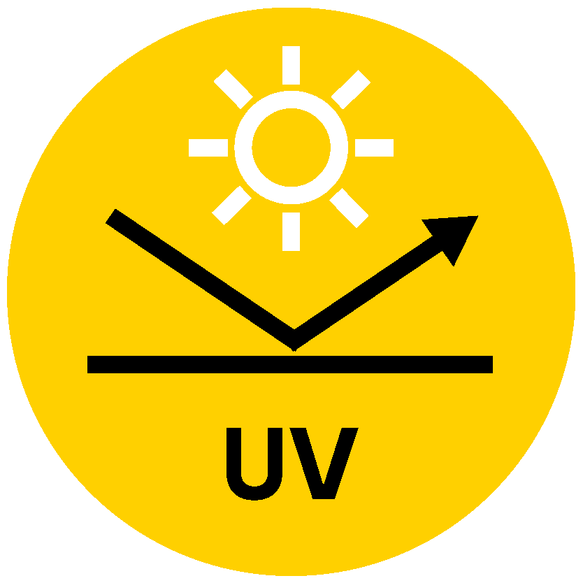 rundes Logo links gelb mit einem schwarzern horizontalen Balken, von welchem ein Pfeil abprallt, darüber die stilisierte Ansicht einer Sonne, darunter die Abkürzung "UV"mende Regentropfen abprallen, rechts auf weißem Hintergrund der Blaue Schriftzug PfB mit gelben Sternen um den oberen Teil des P.