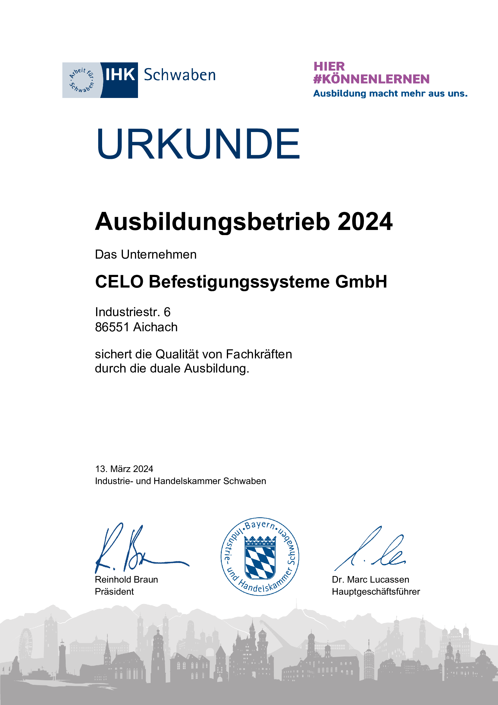Urkunde Ausbildungsbetrieb 2024 für CELO Befestigungssysteme GmbH