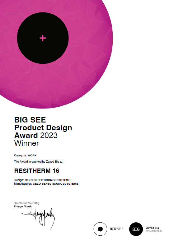 BIG SEE Product Design Award 2023 Urkunde für ResiTHERM 16