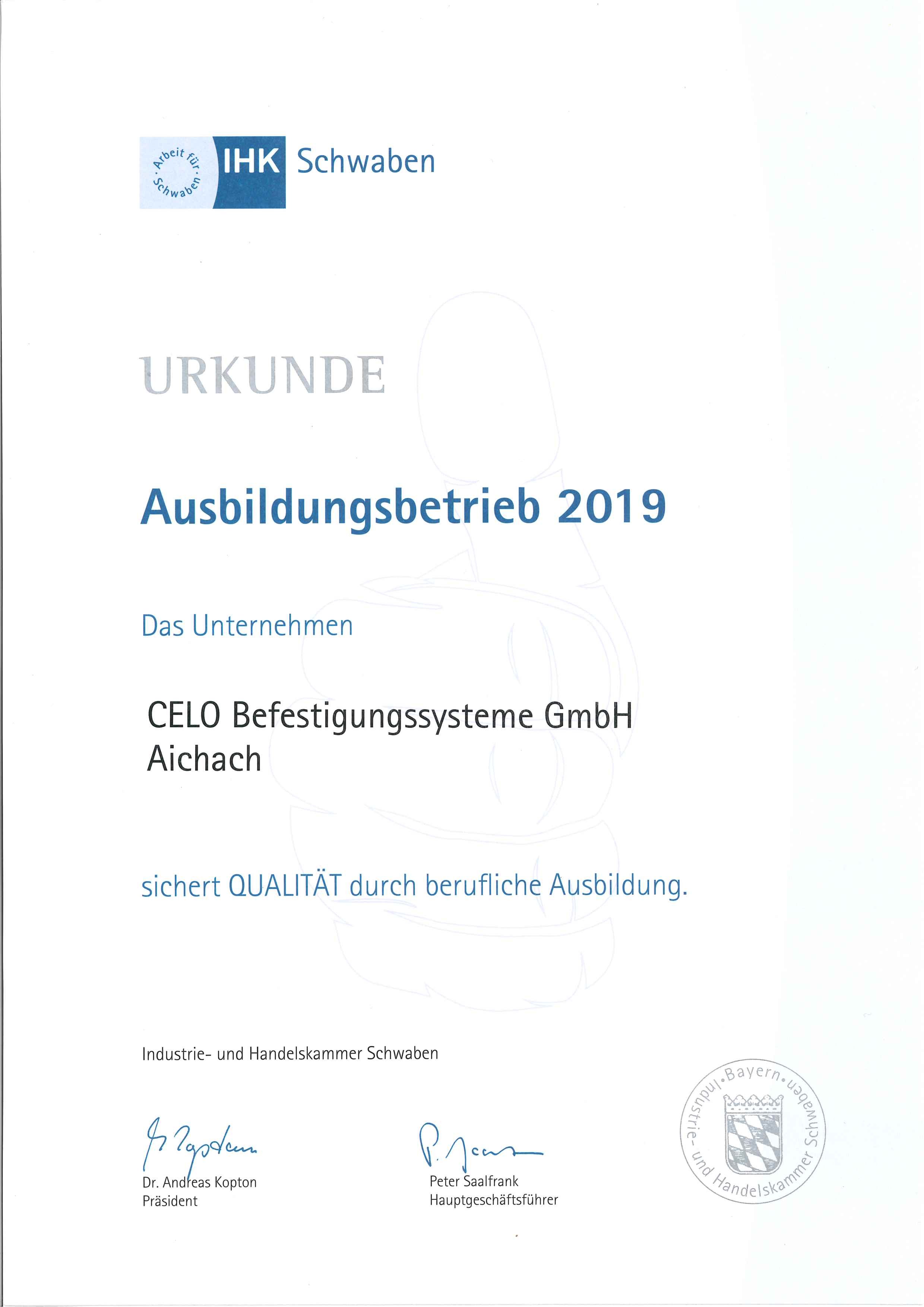 Ausbildungsbetrieb 2019 Urkunde
