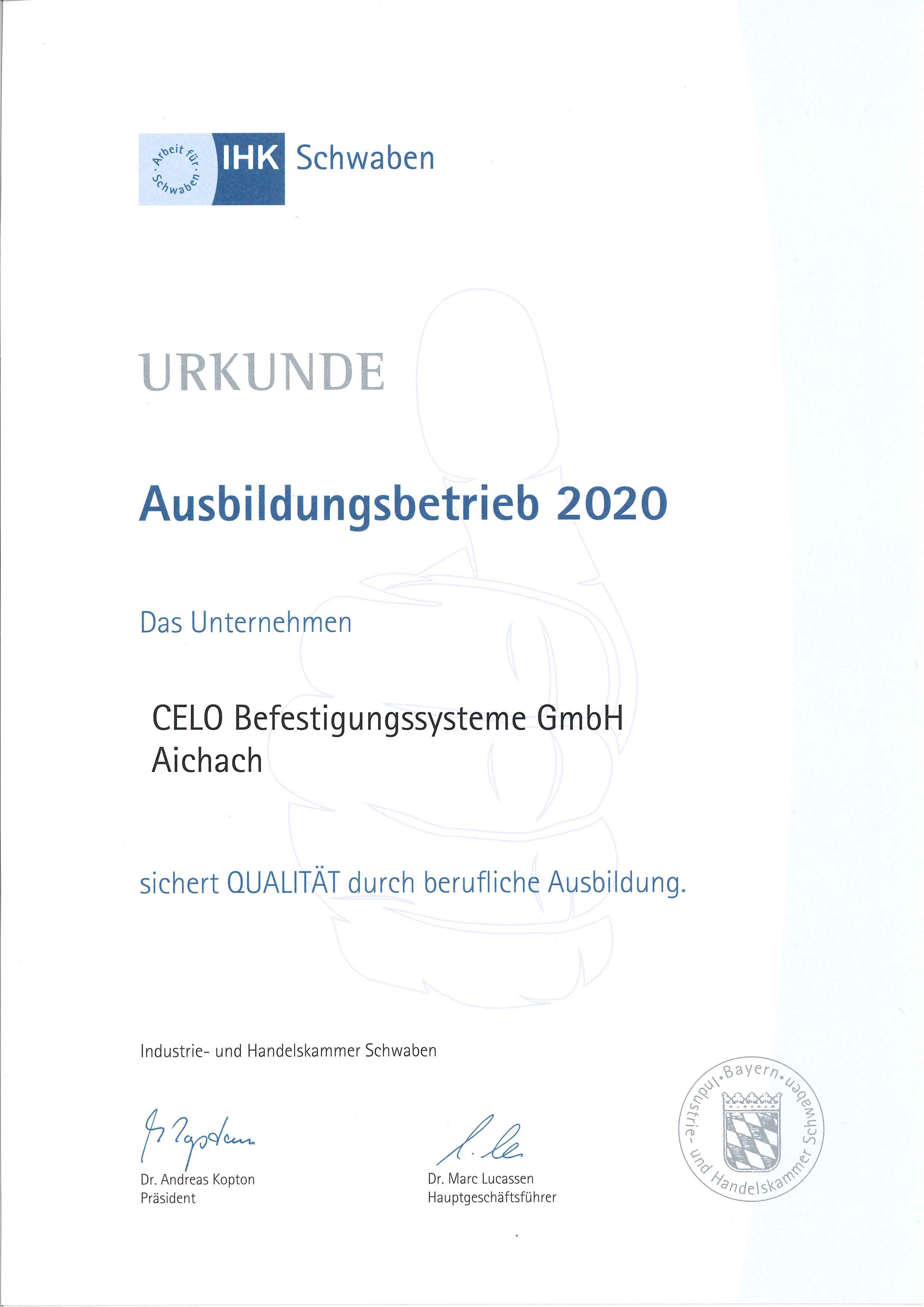 Ausbildungsbetrieb 2020 Urkunde