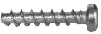Die metallisch glänzende Betonschraube BTS4 mit Linksenkopf ist in der Seitenansicht auf weißem Hintergrund zu sehen, das Gewinde zeichnet sich auf der linken Seite ab, während der abgerundete Kopf nach rechts zeigt