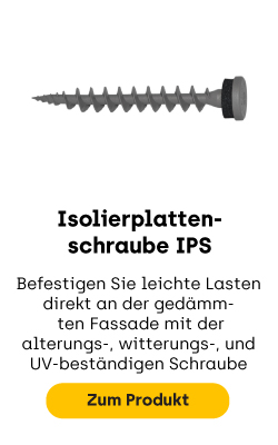 innovative Isolierplattenschraube IPS, befestigen sie leichte Lasten direkt an der gedämmten Fassade. Mit der alterungs-, witterungs- und UV-beständigen Isolierschraube IPS problemlos möglich. Erhältlich in 7 verschiedenen Farben!