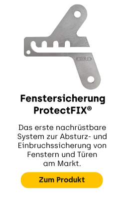 Produktinnovaton Fenstersicherungslasche ProtectFIX, das erste nachrüstbare System zur Absturz- und Einbruchsicherung von Fenster und Türen am Markt.