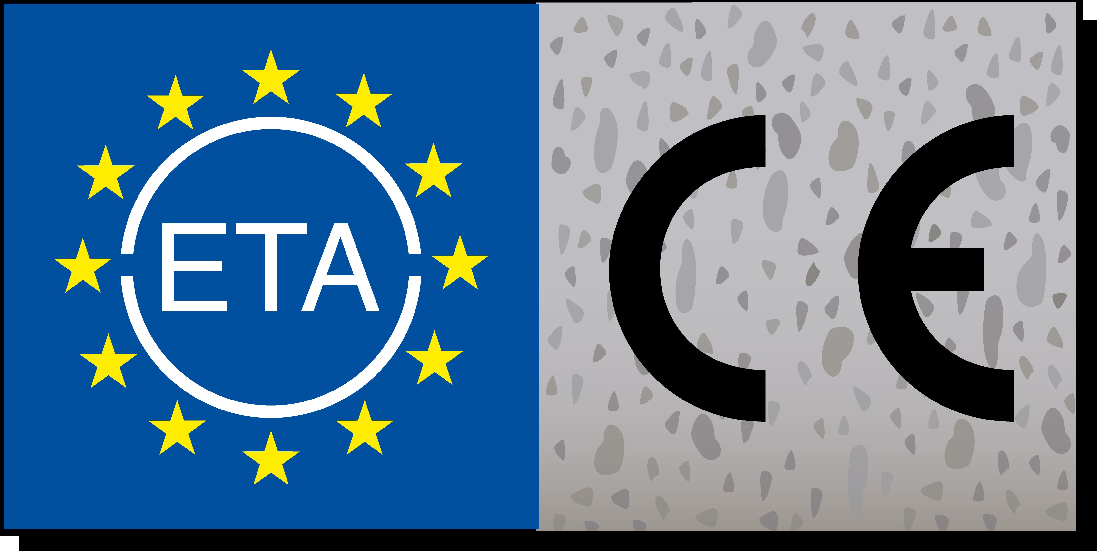 Europäisches Technisches Bewertungssiegel ETA neben CE-Kennzeichnung auf Betonhintergrund.