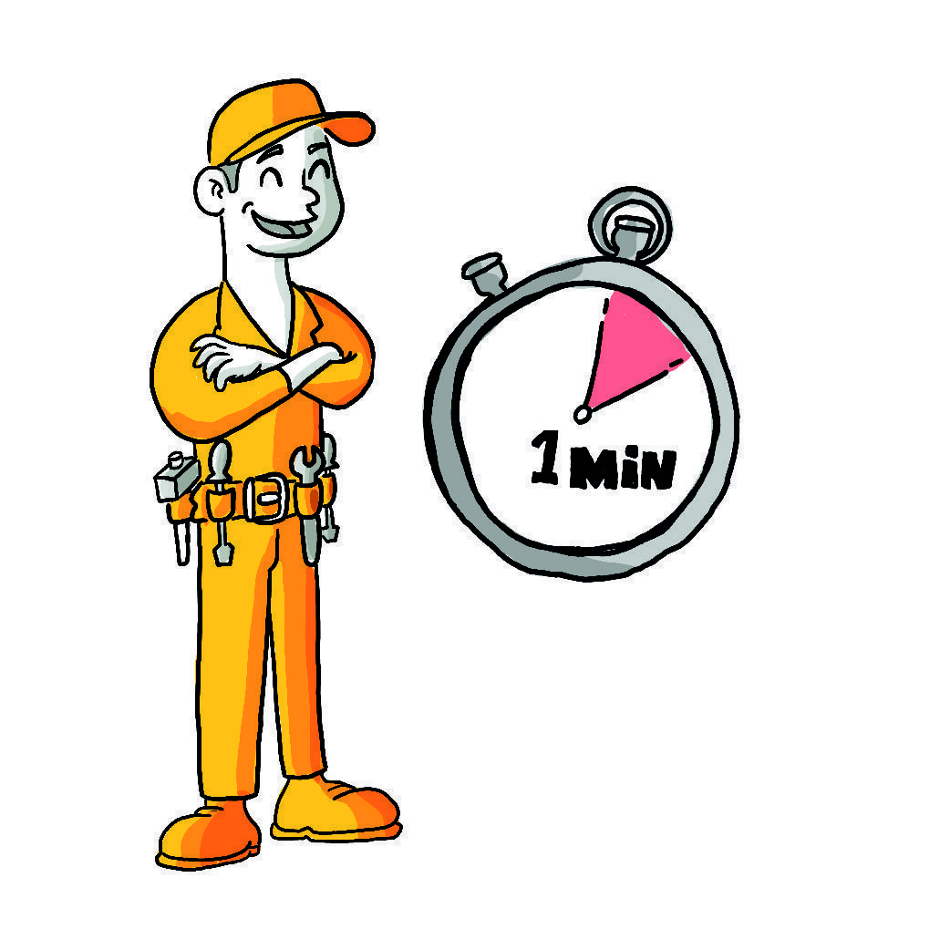 Grafik eines Handwerkers mit einer Stoppuhr die eine Minute anzeigt, symbolisch für das Zeitersparnis durch die Verwendung von innovativen CELO-Produkten